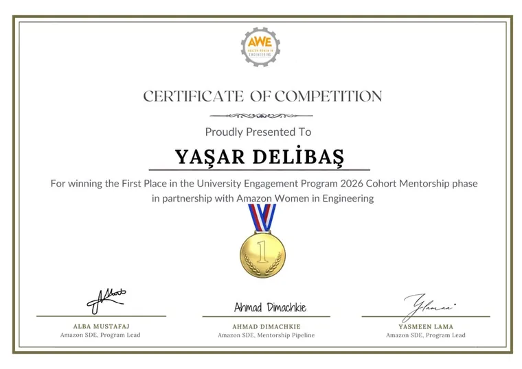 Certificate awarding first place in the University Engagement Program 2026 Cohort Mentorship phase, in partnership with Amazon Women in Engineering