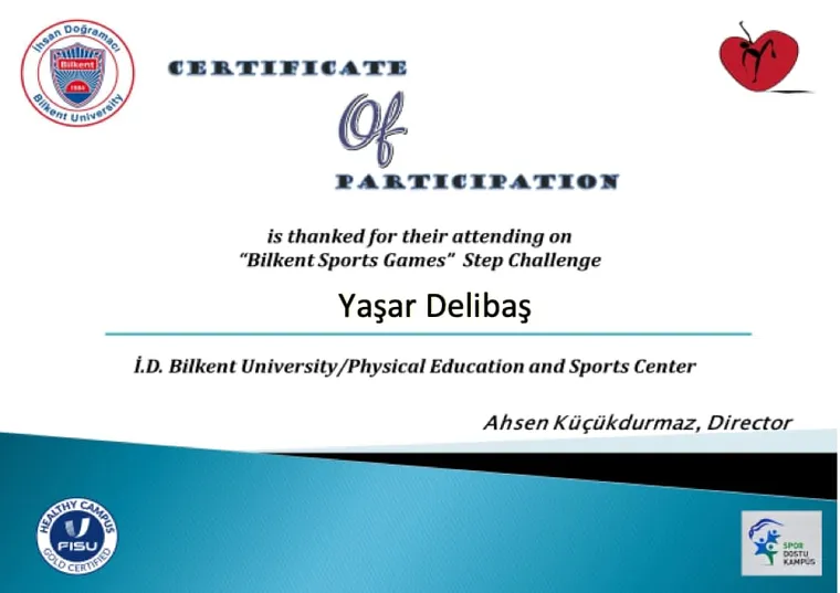 Bilkent University certificate of participation for the Bilkent Sports Games Step Challenge