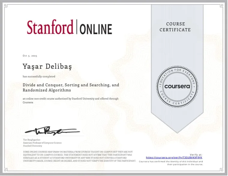 Stanford Online course certificate for Divide and Conquer, Sorting and Searching, and Randomized Algorithms, completed 5 October 2025