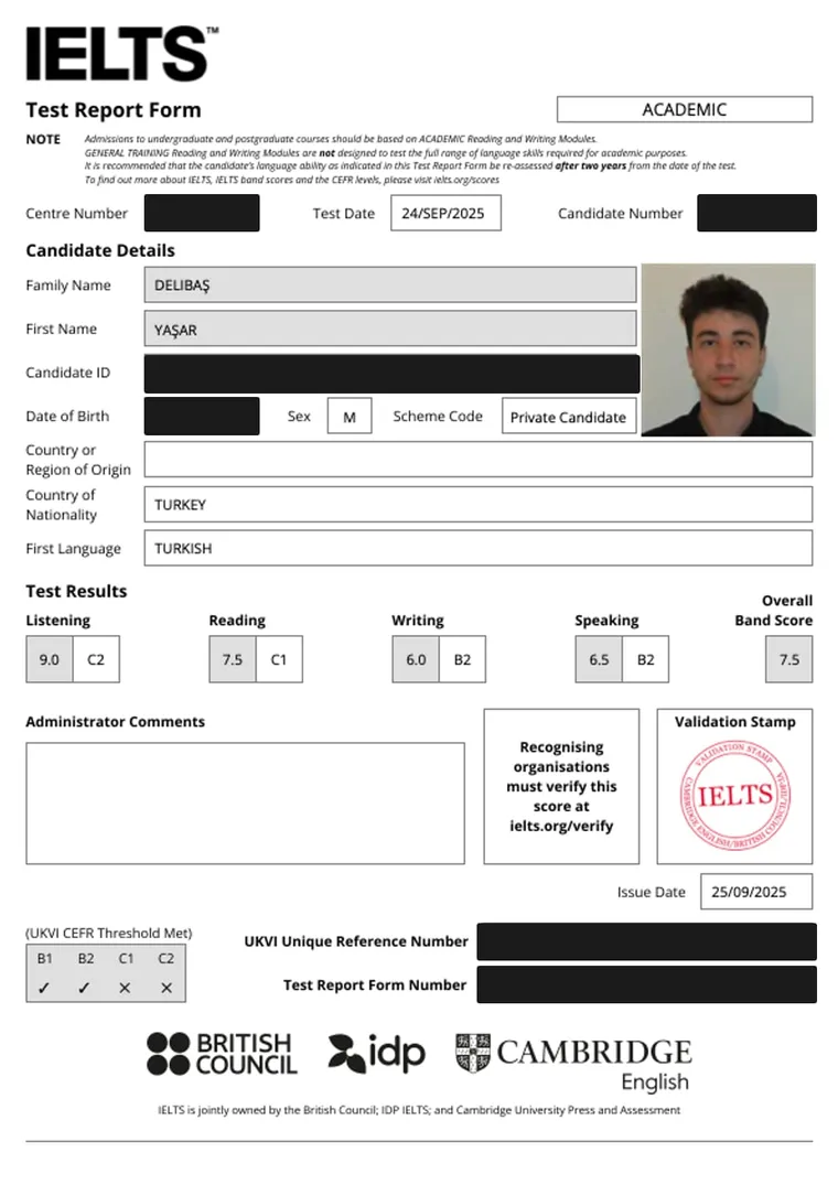 IELTS Academic Test Report Form showing an overall band score of 7.5, with identifying numbers redacted