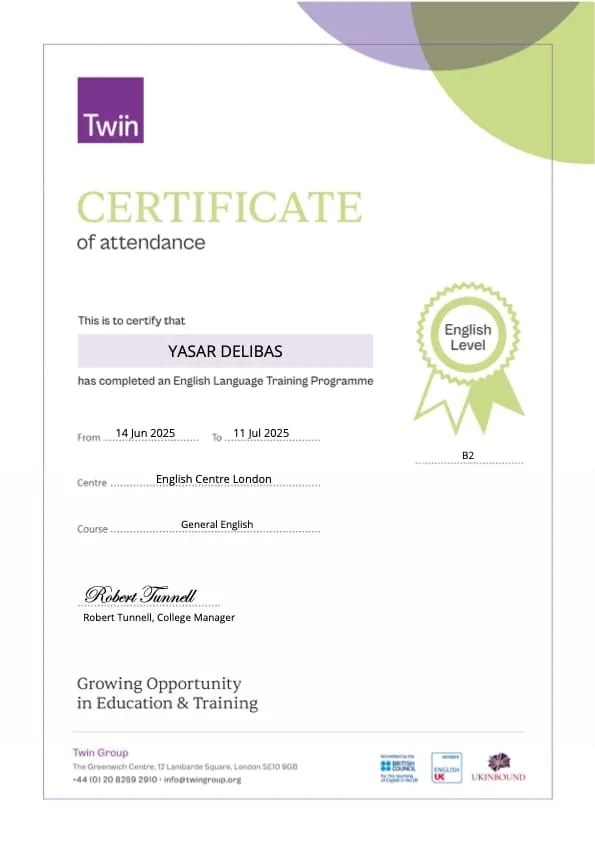 Twin English Centre certificate of attendance for a General English programme in London, level B2, 14 June to 11 July 2025